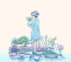 Rule 34 | 1boy, artist name, bandage over one eye, black hair, flower, from behind, highres, hospital gown, omori, plant, potted plant, short hair, slippers, solo, spoilers, standing, sunny (omori), zipsunz