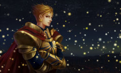 Rule 34 | 1boy, armor, blonde hair, cape, crossed arms, earrings, fate/zero, fate (series), gilgamesh (fate), hair up, highres, jewelry, light particles, male focus, mokuha, pauldrons, red eyes, shoulder armor, solo