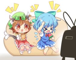 Rule 34 | &gt; &lt;, 2girls, :3, :d, animal ears, barefoot, blue hair, bow, brown eyes, brown hair, cat ears, cat tail, chen, cirno, closed eyes, commentary request, couch, cup, earrings, fang, green hat, hair bow, hat, ibaraki natou, jewelry, long sleeves, mob cap, mug, multiple girls, multiple tails, nekomata, open mouth, pila-pela, short hair, short sleeves, single earring, sitting, smile, tail, television, touhou, two tails, watching television, white legwear, xd