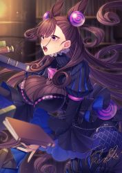 Rule 34 | 1girl, absurdres, black dress, blurry, blurry foreground, blush, book, breasts, brown hair, cone hair bun, double bun, dress, dropping, fate/grand order, fate (series), frills, hair between eyes, hair bun, hair ornament, high collar, highres, indoors, large breasts, leaning forward, light particles, long hair, long sleeves, murasaki shikibu (fate), open mouth, puffy sleeves, purple eyes, sidelocks, signature, sleeves past wrists, solo, takamiya ren, tearing up, two side up, very long hair