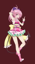 Rule 34 | 10s, 1girl, armpits, demon tail, full body, happy, index finger raised, kimono skirt, looking at viewer, nana asta deviluke, obi, pink eyes, pink hair, short hair, short kimono, sleeveless, sleeveless kimono, solo, standing, tail, to love-ru, to love-ru darkness, to love-ru darkness: idol revolution, transparent background, wink