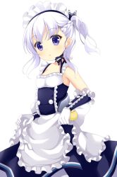 Rule 34 | 1girl, aged down, animal, apron, azur lane, bare shoulders, belfast (azur lane), bird, blue dress, blush, braid, breasts, commentary request, dress, frilled apron, frills, gloves, little bel (azur lane), long hair, looking at viewer, maccha, maid headdress, one eye closed, parted lips, purple eyes, silver hair, simple background, sleeveless, sleeveless dress, small breasts, solo, waist apron, white apron, white background, white gloves