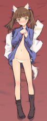 Rule 34 | 10s, 1girl, animal ears, bad id, bad pixiv id, blush, brave witches, brown eyes, brown hair, georgette lemare, lowleg, lowleg panties, lying, navel, open clothes, open shirt, panties, shimada fumikane, shirt, side-tie panties, socks, solo, strike witches, tail, twintails, underwear, world witches series