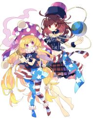 Rule 34 | 2girls, alternate hairstyle, american flag dress, american flag pants, bare shoulders, barefoot, black choker, black headwear, black shirt, blonde hair, blue dress, blue pants, blush, breasts, brown hair, chain, choker, closed mouth, clothes writing, clownpiece, dress, earth (ornament), fairy wings, fire, gold chain, green skirt, hands up, hat, heart, heart print, hecatia lapislazuli, highres, jester cap, long hair, looking at viewer, medium breasts, medium hair, moon (ornament), multicolored clothes, multicolored dress, multicolored pants, multicolored skirt, multiple girls, navel, neck ruff, nikorashi-ka, no shoes, off-shoulder shirt, off shoulder, pants, plaid, plaid skirt, polka dot, purple eyes, purple fire, purple headwear, purple skirt, red dress, red eyes, red hair, red pants, red skirt, shirt, short sleeves, simple background, skirt, smile, striped clothes, striped dress, striped pants, t-shirt, tongue, tongue out, torch, touhou, twintails, white background, white dress, white pants, wings, wrist cuffs, wristband