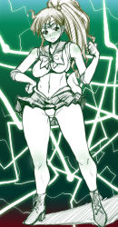 Rule 34 | 1990s (style), 1girl, bishoujo senshi sailor moon, blush, boots, bow, breasts, choker, clenched hand, cross-laced footwear, elbow gloves, electricity, covered erect nipples, gloves, green theme, hair bobbles, hair ornament, high heel boots, high heels, hip focus, impossible clothes, kino makoto, lace-up boots, leotard, lightning, long hair, magical girl, miniskirt, monochrome, panties, pantyshot, pleated skirt, ponytail, red-rum, red eyes, sailor collar, sailor jupiter, sketch, skirt, solo, spot color, standing, tiara, toned, underwear, wide hips, wind, wind lift