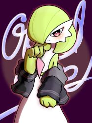 Rule 34 | 1girl, bare shoulders, black jacket, blush, bob cut, clenched hands, closed mouth, clothed pokemon, colored skin, cowboy shot, creatures (company), eyeshadow, female focus, flat chest, game freak, gardevoir, gen 3 pokemon, green hair, green skin, hair over one eye, hand up, happy, highres, jacket, long sleeves, looking at viewer, makeup, multicolored skin, nintendo, off shoulder, one eye covered, open clothes, open jacket, outline, pokemon, pokemon (creature), purple background, red eyes, red eyeshadow, red outline, short hair, smile, solo, split mouth, standing, two-tone skin, white skin, yuri (fl0werspace)