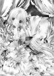 Rule 34 | 1girl, bed, blunt bangs, blush, body blush, bow, braid, collar, dress, finger to mouth, frilled collar, frilled dress, frilled shirt collar, frills, greyscale, hairband, jewelry, lolita fashion, lolita hairband, long hair, long sleeves, looking at viewer, monochrome, moo (umineko), ribbon-trimmed clothes, ribbon-trimmed sleeves, ribbon trim, ring, side braid, sitting, solo, stuffed animal, stuffed rabbit, stuffed toy, twin braids