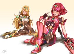 Rule 34 | 2022, 2girls, aegis sword (xenoblade), arm guards, bare shoulders, blonde hair, bob cut, breasts, brown gloves, brown pantyhose, circlet, dress, fingerless gloves, full body, gloves, highres, holding, holding sword, holding weapon, large breasts, long hair, medium hair, multiple girls, mythra (massive melee) (xenoblade), mythra (xenoblade), nintendo, open mouth, pantyhose, pantyhose under shorts, pyra (xenoblade), red eyes, red footwear, red hair, red shorts, samu poteto, shadow, shorts, sitting, super smash bros., swept bangs, sword, torn clothes, torn dress, torn pantyhose, weapon, white dress, white footwear, white gloves, xenoblade chronicles (series), xenoblade chronicles 2, yellow eyes