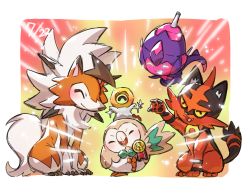 Rule 34 | arm up, bird, blush, closed mouth, commentary request, creatures (company), closed eyes, game freak, gen 7 pokemon, happy, highres, lycanroc, lycanroc (dusk), medal, meltan, mythical pokemon, nintendo, open mouth, owl, poipole, pokemon, pokemon (creature), rowlet, smile, taisa (lovemokunae), tongue, torracat, ultra beast