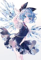 Rule 34 | 1girl, blue bow, blue dress, blue eyes, blue hair, bow, cirno, collared shirt, dress, fairy, feet out of frame, gradient background, hair bow, highres, ice, ice wings, parted lips, red ribbon, ribbon, rooseputo 02, shirt, short hair, short sleeves, solo, touhou, white shirt, wings