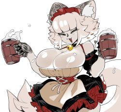 Rule 34 | 1girl, alcohol, animal ear fluff, animal ears, apron, beer, beer mug, beige apron, bell, black collar, blunt bangs, breasts, cat ears, cat girl, cat tail, catmaid (dizzyspells), cleavage, closed eyes, collar, colored skin, cup, curvy, detached sleeves, dirndl, dizzyspells, fang, fluffy, frills, furry, furry female, german clothes, girdle, highres, holding, holding beer, holding cup, holding mug, huge breasts, large breasts, light blush, maid headdress, mug, neck bell, oktoberfest, open mouth, original, puffy short sleeves, puffy sleeves, red frills, red headdress, shiny skin, short hair, short sleeves, skindentation, smile, solo, sweat, tail, teeth, upper teeth only, white hair, white skin