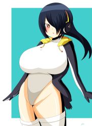 Rule 34 | 10s, 1girl, abstract background, black footwear, black hair, black jacket, boots, breasts, brown eyes, emperor penguin (kemono friends), hair over one eye, headphones, highleg, highleg leotard, highres, huge breasts, jacket, kemono friends, leotard, long hair, looking at viewer, multicolored hair, open clothes, open jacket, simple background, sitting, smile, suhey345, thighhighs, thighs, white leotard, white thighhighs