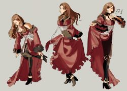 Rule 34 | 1girl, adjusting footwear, bare shoulders, blush, blush stickers, breasts, brown hair, cleavage, closed mouth, clothes lift, commentary, corset, detached sleeves, dorothea arnault, dress, earrings, english commentary, closed eyes, fire emblem, fire emblem: three houses, frilled dress, frills, green eyes, grey background, highres, jewelry, lips, long hair, looking at viewer, makeup, medium breasts, music, musical note, nintendo, open mouth, red dress, shy (ribboneels), simple background, singing, solo