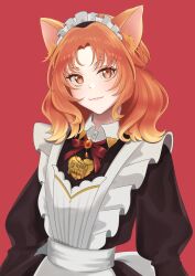 Rule 34 | 1girl, absurdres, animal ear fluff, animal ears, black dress, cat ears, dress, gradient hair, heart, heart necklace, highres, jewelry, maid, multicolored hair, necklace, orange eyes, orange hair, original, parted bangs, red background, red ribbon, ribbon, smile, suzuohkami