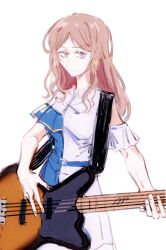 Rule 34 | 1girl, bang dream!, bang dream! it&#039;s mygo!!!!!, bass guitar, blue dress, blue eyes, brown hair, closed mouth, commentary, dress, earrings, english commentary, expressionless, highres, instrument, jewelry, long hair, mostlanr, nagasaki soyo, playing guitar, simple background, solo, upper body, white background, white dress