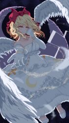 Rule 34 | 1girl, alternate costume, blonde hair, bow, choker, crescent, cross, dress, elbow gloves, feathered wings, feathers, frilled dress, frills, gengetsu (touhou), gloves, hair bow, highres, jewelry, looking at viewer, night, night sky, nukekip, outstretched hand, pendant, pixel art, ring, shoes, short hair, sky, smile, solo, touhou, touhou (pc-98), wedding dress, wedding ring, white choker, white dress, white feathers, white footwear, white gloves, white wings, wings, yellow eyes