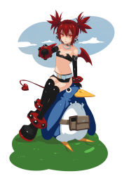 Rule 34 | 1girl, bare shoulders, black gloves, breasts, choker, demon girl, demon tail, disgaea, earrings, etna (disgaea), flat chest, gloves, jewelry, long hair, looking at viewer, makai senki disgaea, navel, nopae, pointing, pointing down, pointy ears, prinny (disgaea), red eyes, red hair, simple background, sitting, sitting on person, skirt, tail, thighhighs, twintails, very long hair, wings