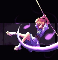 Rule 34 | 1girl, arms up, blue dress, blush, dress, female focus, geta, hair bobbles, hair ornament, holding, holding weapon, looking at viewer, onozuka komachi, polearm, puffy short sleeves, puffy sleeves, red eyes, red hair, scythe, short hair, short sleeves, socks, solo, sorano eika, tabi, touhou, twintails, two side up, weapon, white socks