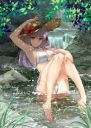 Rule 34 | 1girl, anklet, arm up, armpits, ass, bare shoulders, barefoot, bikini, blush, braid, breasts, cleavage, collarbone, fate/grand order, fate (series), flower, grass, hair ribbon, hat, hat flower, hibiscus, highres, jewelry, kama (fate), knees together feet apart, knees up, kuroaki, large breasts, legs, long hair, looking at viewer, nail polish, red eyes, revision, ribbon, side braid, silver hair, sitting, smile, solo, straw hat, stream, swimsuit, water, white bikini