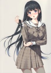 Rule 34 | 1girl, absurdres, black hair, blush, bow, crossed arms, detached sleeves, dress, fingernails, frills, grey background, head tilt, highres, holding, holding own hair, lips, long hair, long sleeves, looking at viewer, open mouth, original, pantyhose, purple eyes, scan, short dress, simple background, skirt, solo, unasaka ryou, very long hair