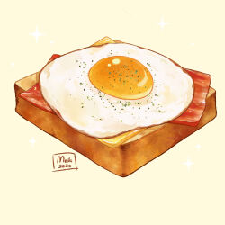 Rule 34 | artist name, bacon, bread slice, cheese, commentary, dated, egg (food), english commentary, food, food focus, fried egg, meikitefuka, no humans, original, realistic, simple background, sparkle, still life, toast, yellow background