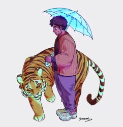 Rule 34 | 1boy, alt text, animal, brown hair, centipearl, commentary, crocs, curly hair, english commentary, facial hair, full body, grey background, highres, holding, holding umbrella, jacket, long sleeves, male focus, mob psycho 100, pants, serizawa katsuya, short hair, signature, simple background, standing, tiger, umbrella