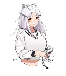 Rule 34 | 1girl, alternate costume, animal, animal ears, arknights, artist name, bell, breasts, chinese commentary, collar, crop top, dutou, facial scar, grey hair, grin, hair ornament, highres, holding, holding animal, indra (arknights), large breasts, long hair, looking at viewer, midriff, multicolored hair, navel, neck bell, parted bangs, parted lips, sailor collar, scar, scar on cheek, scar on face, scar on nose, school uniform, shirt, simple background, smile, solo, streaked hair, striped tail, tail, tiger, tiger cub, tiger ears, twitter username, two-tone hair, upper body, white background, white shirt, white tiger, yellow eyes