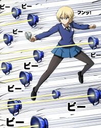Rule 34 | 1girl, black footwear, black necktie, black pantyhose, blonde hair, blue eyes, blue skirt, blue sweater, braid, closed mouth, commentary, cup, darjeeling (girls und panzer), dress shirt, emblem, floating, frown, girls und panzer, gundam, gundam suisei no majo, highres, holding, holding cup, laser, loafers, long sleeves, looking to the side, miniskirt, motion lines, necktie, omachi (slabco), pantyhose, pleated skirt, school uniform, shirt, shoes, short hair, skirt, solo, st. gloriana&#039;s (emblem), st. gloriana&#039;s school uniform, sweater, teacup, translated, twin braids, v-neck, white shirt, wing collar