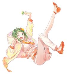 Rule 34 | 1girl, asymmetrical pants, falling, feet out of frame, fishnet thighhighs, fishnets, flower, frilled shirt, frills, green eyes, green hair, green nails, gumi, high heels, holding, holding microphone, hood, hooded jacket, jacket, legs up, looking at viewer, microphone, midriff, nail polish, navel, necktie, one eye closed, open mouth, orange necktie, outstretched arm, outstretched leg, shirt, single thighhigh, smile, solo, tama (songe), thighhighs, transparent background, v, vocaloid, white shirt, yellow jacket