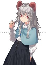 Rule 34 | 1girl, absurdres, alternate hair length, alternate hairstyle, animal ears, arm at side, black skirt, blue capelet, capelet, closed mouth, collared shirt, commentary request, expressionless, grey hair, hair between eyes, tucking hair, half-closed eyes, hand up, high-waist skirt, highres, jewelry, long hair, long sleeves, looking at viewer, mouse ears, mouse tail, nazrin, pendant, red hair, reiga (act000), shirt, simple background, skirt, solo, standing, tail, touhou, white background, white shirt