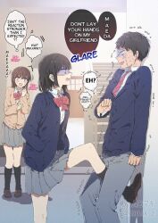 Rule 34 | 1boy, 2girls, black hair, black socks, blue jacket, blush, bow, bowtie, brown cardigan, brown footwear, brown hair, cardigan, collared shirt, commentary request, crying, crying with eyes open, english text, grey pants, grey skirt, hand in pocket, hands in pockets, hard-translated, highres, indoors, jacket, kneehighs, leg between thighs, long hair, looking at another, medium hair, multiple girls, muromaki, necktie, original, pants, pleated skirt, pocket, red bow, red bowtie, red necktie, scared, school uniform, shaded face, shirt, skirt, socks, speech bubble, stairs, sweat, tears, third-party edit, translated, trembling, turn pale, white shirt