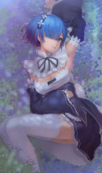 1girl absurdres arm_up armpits bad_id bad_pixiv_id black_hairband black_ribbon black_skirt black_sleeves blue_eyes blue_hair breasts cleavage closed_mouth detached_collar detached_sleeves flower frilled_skirt frills from_above garter_straps gradient_hair hair_flower hair_ornament hair_over_one_eye hairband head_wreath highres jiaoshoutongxue long_sleeves lying medium_breasts miniskirt multicolored_hair neck_ribbon on_side purple_flower purple_hair re:zero_kara_hajimeru_isekai_seikatsu rem_(re:zero) ribbon ribbon-trimmed_sleeves ribbon_trim short_hair skirt solo thighhighs white_flower white_thighhighs wide_sleeves zettai_ryouiki