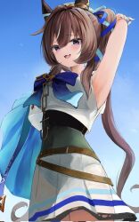 Rule 34 | 1girl, :3, anchor ornament, animal ears, armpits, arms up, bare shoulders, belt, blue sky, blush, brown belt, brown hair, butterwabito, commentary request, covered navel, cowboy shot, ear covers, hair between eyes, highres, horse ears, horse girl, horse tail, long hair, looking at viewer, multicolored hair, open mouth, outdoors, purple eyes, shirt, single ear cover, skirt, sky, sleeveless, sleeveless shirt, smile, solo, streaked hair, tail, twintails, umamusume, very long hair, vivlos (umamusume), white hair, white shirt, white skirt