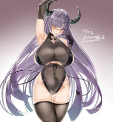 Rule 34 | 1girl, :p, absurdres, alternate costume, arm up, armpits, artist name, azur lane, bare shoulders, black gloves, black leotard, black thighhighs, blue eyes, blush, breasts, cleavage, clothing cutout, collarbone, commentary request, covered navel, dated, demon horns, demon tail, elbow gloves, floating hair, glasses, gloves, gluteal fold, gneisenau (azur lane), gneisenau (nightmarish succubus) (azur lane), gradient background, half-closed eyes, halloween costume, hand up, head tilt, highres, horns, large breasts, leotard, long hair, looking at viewer, paundo2, pubic tattoo, purple hair, rectangular eyewear, red-framed eyewear, saliva, saliva trail, see-through, signature, skindentation, smile, solo, standing, steaming body, suggestive fluid, tail, tattoo, thighhighs, tongue, tongue out, underboob, underboob cutout, very long hair