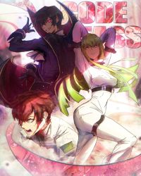 Rule 34 | 1girl, 2boys, absurdres, arms up, bodysuit, breasts, brown hair, c.c., character request, code geass, copyright name, geass, gloves, green eyes, green hair, grin, headset, highres, instagram username, lelouch vi britannia, multiple boys, open mouth, order of the black knights uniform, red hair, short hair, smile, stephengiannart, twitter username, watermark, white bodysuit, yellow eyes