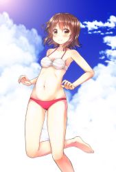 Rule 34 | 1girl, absurdres, barefoot, bikini, blush, breasts, brown eyes, brown hair, cameltoe, cleavage, cloud, day, groin, highres, leg up, looking at viewer, navel, odagiri futaba, sansha san&#039;you, short hair, sky, small breasts, smile, solo, swimsuit, uneune