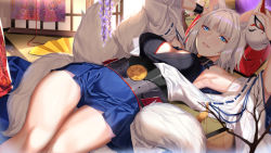 Rule 34 | 1girl, animal ears, azur lane, blue eyes, blue skirt, blunt bangs, blush, breasts, cleavage, day, deras, fox ears, fox mask, fox tail, hakama, hakama short skirt, hakama skirt, holding, holding mask, indoors, japanese clothes, kaga (azur lane), large breasts, light particles, looking at viewer, lying, mask, multiple tails, off shoulder, on back, short hair, skirt, smile, solo, tail, white hair, wide sleeves