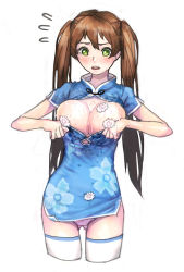 Rule 34 | 1girl, ^^^, bad id, bad pixiv id, blush, breasts, brown hair, china dress, chinese clothes, cleavage, dicorndl, dress, food, green eyes, highres, huge breasts, kamaboko, long hair, narutomaki, open mouth, original, simple background, solo, sweat, thighhighs, twintails, undersized clothes, white background, white thighhighs