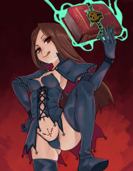 Rule 34 | 1girl, :p, book, boots, brown hair, castlevania (series), castlevania: portrait of ruin, charlotte aulin, corruption, covered erect nipples, cross, cross-laced clothes, elbow gloves, from below, gloves, grimoire, inverted cross, licking lips, long hair, magic, navel, pubic tattoo, red eyes, stupa13a, tattoo, thigh boots, thighhighs, tongue, tongue out