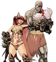 Rule 34 | 1boy, 1girl, absurdres, animal ears, archvermin, bald, bare shoulders, breasts, cerberus (shingeki no bahamut), crossover, curvy, dog ears, god of war, granblue fantasy, hand puppet, highres, kratos (god of war), long hair, medium breasts, muscular, navel, open mouth, puppet, red eyes, red hair, shadowverse, shingeki no bahamut, standing, sweat, tattoo, thighhighs, twintails, very long hair, weapon