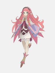 Rule 34 | 1girl, calilica (ys), cape, full body, george man, green eyes, highres, long hair, looking at viewer, red hair, shorts, simple background, solo, standing, tachi-e, wavy hair, white background, ys, ys memories of celceta