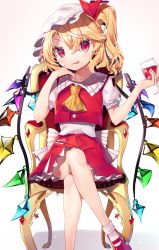 Rule 34 | 1girl, ankle socks, arms up, ascot, blonde hair, chair, commentary request, crossed legs, cup, drinking glass, elbow rest, fang, fang out, flandre scarlet, foot out of frame, frilled shirt collar, frills, gradient background, gunjou row, hand on own cheek, hand on own face, hat, hat ribbon, head tilt, highres, holding, holding cup, looking at viewer, mary janes, mob cap, nail polish, one side up, petticoat, pink background, puffy short sleeves, puffy sleeves, red eyes, red footwear, red nails, red skirt, red vest, ribbon, shadow, shirt, shoes, short hair, short sleeves, skirt, slit pupils, smile, smirk, socks, solo, swept bangs, touhou, vest, white background, white hat, white shirt, white socks, wine glass, wings, yellow ascot