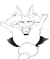 1girl :3 animal_ear_fluff animal_ears animal_hands animal_nose anus bad_id bad_pixiv_id blush body_fur box_(hajimeyou654) braixen cleft_of_venus creatures_(company) fang female_focus flat_chest fox_ears fox_girl fox_tail full_body furry furry_female game_freak gen_6_pokemon greyscale half-closed_eyes happy highres legs_up lineart looking_at_viewer lying monochrome navel nintendo on_back open_mouth pillow pokemon pokemon_(creature) presenting pussy simple_background smile solo spread_legs tail uncensored white_background