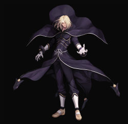 Rule 34 | 1boy, absurdres, bishounen, black background, black bodysuit, black cape, black pants, blonde hair, bodysuit, brown footwear, cape, closed mouth, collarbone, commentary request, covered navel, evilgun, floating cape, floating hair, full body, gloves, hair between eyes, hair over one eye, highres, igniz (kof), long sleeves, looking at viewer, male focus, pants, red eyes, shoes, short hair, simple background, solo, standing, the king of fighters, toned, toned male, white gloves, wind