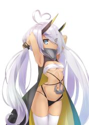 Rule 34 | 1girl, ahoge, aiueonesan (umanaminoatama), anchor, armor, armpits, arms up, azur lane, bad id, bad pixiv id, bandeau, bare shoulders, black cape, black gloves, black panties, blue eyes, breasts, bunching hair, cape, commentary request, covered mouth, cowboy shot, dark-skinned female, dark skin, eyes visible through hair, fingerless gloves, gloves, gorget, hair over one eye, headgear, heart, heart ahoge, heterochromia, horns, indianapolis (azur lane), long hair, looking at viewer, low twintails, navel, panties, silver hair, simple background, small breasts, solo, standing, thighhighs, transparent background, twintails, underwear, very long hair, white background, white bandeau, white thighhighs, yellow eyes