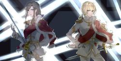Rule 34 | 10s, 2girls, aiguillette, black ribbon, blonde hair, bow, brown eyes, brown hair, closed mouth, epaulettes, gloves, hair between eyes, hair ribbon, hand on own hip, highres, holding, holding sword, holding weapon, jacket, jacket on shoulders, long hair, long sleeves, looking at another, military, military uniform, multiple girls, open mouth, pants, purple bow, purple eyes, red jacket, ribbon, saijou claudine, shoujo kageki revue starlight, simple background, sineka1, smile, sword, tendou maya, uniform, weapon, white gloves, white jacket, white pants