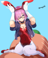 Rule 34 | 1girl, animal ears, aona (anagasaki), blue shirt, breasts, choker, covered navel, elbow gloves, fake animal ears, fate/grand order, fate (series), glasses, gloves, hair over one eye, hands up, high heels, highleg, highleg leotard, highres, large breasts, leotard, light purple hair, looking at viewer, mash kyrielight, open clothes, open shirt, pantyhose, playboy bunny, purple eyes, rabbit ears, red leotard, shirt, short hair, short sleeves, sitting, smile, solo, wariza, white gloves, white pantyhose