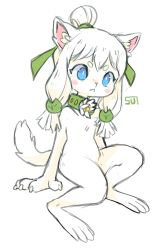 Rule 34 | 1girl, :&lt;, animal ears, blue eyes, blush stickers, cat ears, cat tail, claws, closed mouth, collar, colored skin, full body, furry, hair ornament, highres, invisible chair, leaf hair ornament, lilly (sui (suizilla)), looking at viewer, neck flower, original, simple background, sitting, solo, sui (suizilla), tail, white background, white hair, white skin