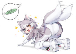 Rule 34 | + +, 1girl, :d, all fours, animal ear fluff, animal ears, ass, blue eyes, boots, dog (mixed breed) (kemono friends), dog ears, dog tail, elbow gloves, extra ears, fang, frisbee, fur-trimmed headwear, fur trim, gloves, grey hair, heterochromia, kemono friends, looking at viewer, looking back, multicolored hair, nyifu, open mouth, orange eyes, panties, pantyhose, short hair, simple background, skirt, smile, solo, sparkle, spoken object, tail, tail wagging, two-tone hair, underwear, white background, white footwear, white gloves, white hair, white panties