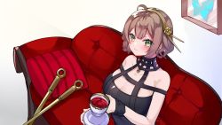 Rule 34 | 1girl, black dress, blinking, blush, breasts, brown hair, cleavage, collarbone, commentary, commission, cosplay, couch, cup, dress, english commentary, gold hairband, green eyes, hair behind ear, hairband, holding, holding cup, indie virtual youtuber, knife, large breasts, looking at viewer, miori celesta, short hair, skeb commission, smile, spy x family, virtual youtuber, yayoi asuka, yor briar, yor briar (cosplay)